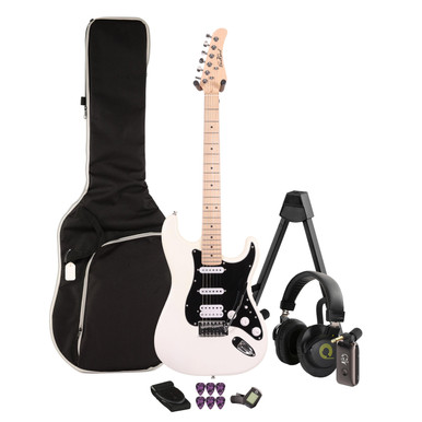 EastCoast ST2 HSS Electric Guitar Silent Bundle in Pearl White with Headphone Amp & Accessories