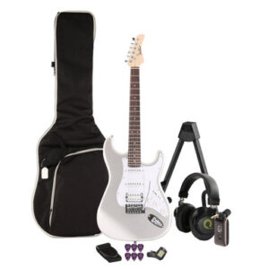 EastCoast ST2 Electric Guitar Silent Bundle in Slick Silver with Headphone Amp & Accessories