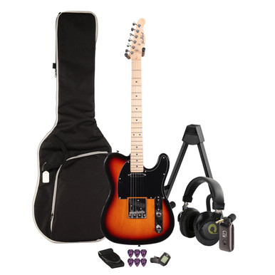 EastCoast T1 Electric Guitar Silent Bundle in Three Tone Sunburst with Headphone Amp & Accessories