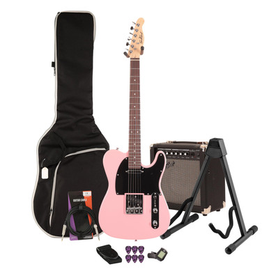 EastCoast T1 Electric Guitar Starter Pack in Bubblegum Metallic with 15W Amp & Accessories