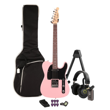 EastCoast T1 Electric Guitar Silent Bundle in Bubblegum Metallic with Headphone Amp & Accessories