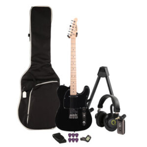 EastCoast T1 Electric Guitar Silent Bundle in Black with Headphone Amp & Accessories