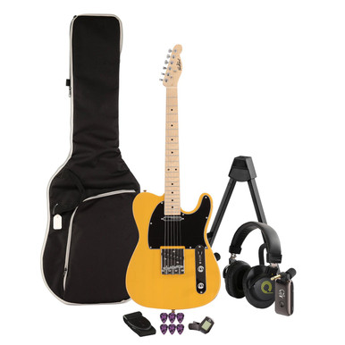 EastCoast T1 Electric Guitar Silent Bundle in Butterscotch with Headphone Amp & Accessories