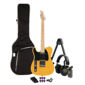 EastCoast T1 Left Handed Electric Guitar Silent Bundle in Butterscotch with Headphone Amp & Accessories