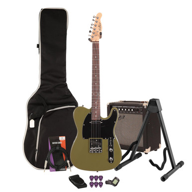 EastCoast T1 Electric Guitar Starter Pack in Drab Olive Green with 15W Amp & Accessories