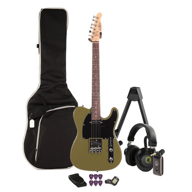 EastCoast T1 Electric Guitar Silent Bundle in Drab Olive Green with Headphone Amp & Accessories