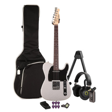 EastCoast T1 Electric Guitar Silent Bundle in Slick Silver With Headphone Amp & Accessories