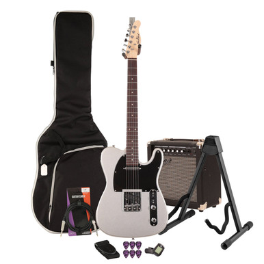 EastCoast T1 Electric Guitar Starter Pack in Slick Silver with 15W Amp & Accessories