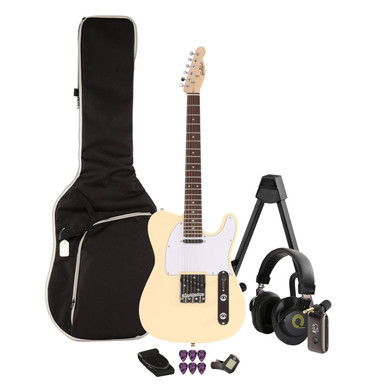 EastCoast T1 Electric Guitar Silent Bundle in Vintage White with Headphone Amp & Accessories
