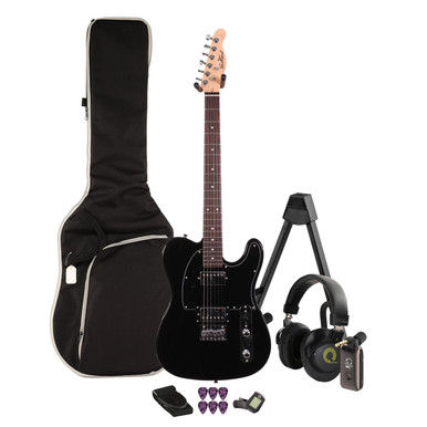 EastCoast T2 Dual Humbucker Electric Guitar Silent Bundle in Black with Headphone Amp & Accessories