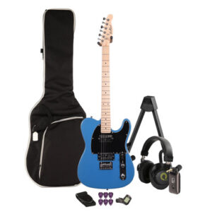 EastCoast T2 Dual Humbucker Electric Guitar Silent Bundle in Ocean Blue Metallic with Headphone Amp & Accessories