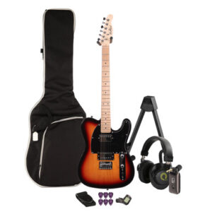EastCoast T2 Dual Humbucker Electric Guitar Silent Bundle in Three Tone Sunburst with Headphone Amp & Accessories