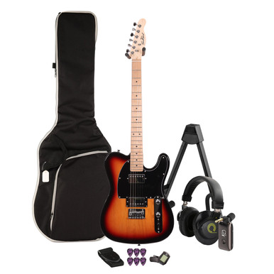 EastCoast T2 Dual Humbucker Electric Guitar Silent Bundle in Three Tone Sunburst with Headphone Amp & Accessories