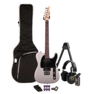 EastCoast T2 Dual Humbucker Electric Guitar Silent Bundle in Slick Silver with Headphone Amp & Accessories