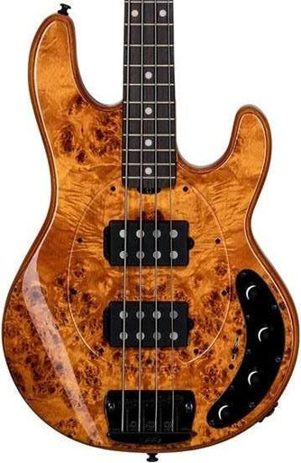 Sterling by Music Man StingRay HH Poplar Burl Ray34 Bass Guitar in Amber