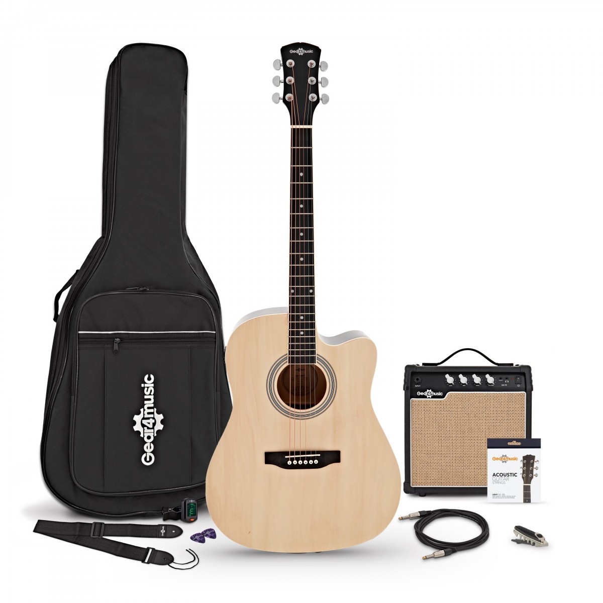 Dreadnought Cutaway Electro Acoustic Guitar Natural 15W Acoustic Amp & Accessory Pack