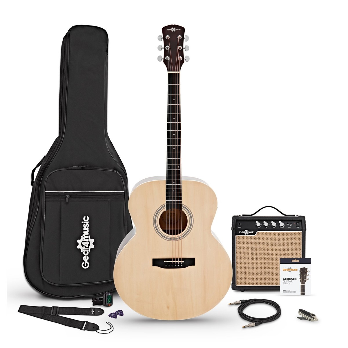 Jumbo Left Handed Electro Acoustic Guitar Natural 15W Acoustic Amp & Accessory Pack