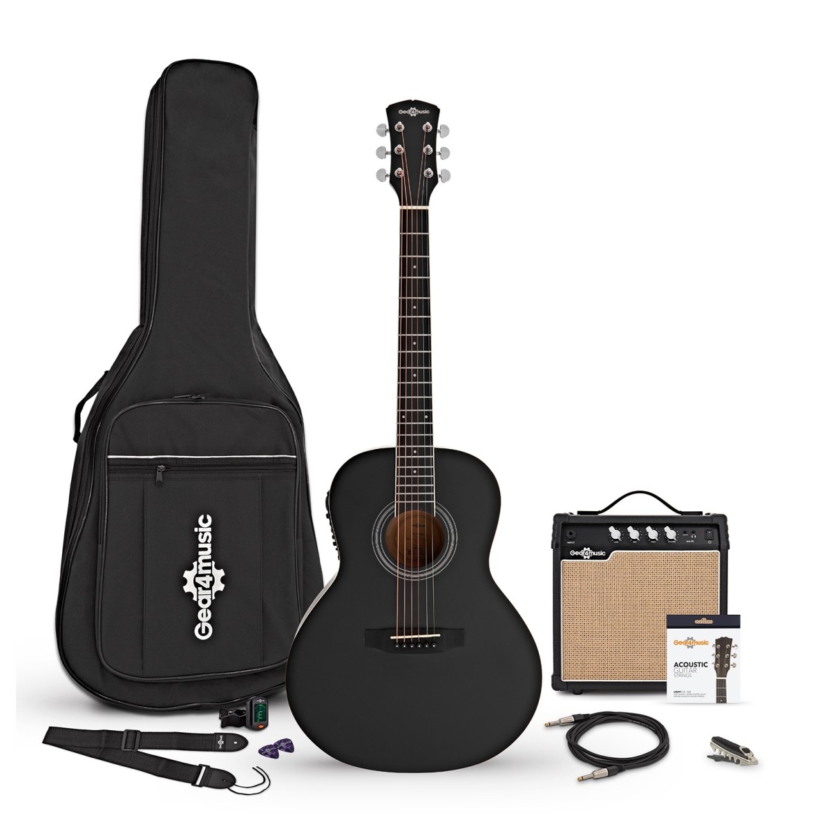 Parlour Electro Acoustic Guitar Black 15W Acoustic Amp & Accessory Pack