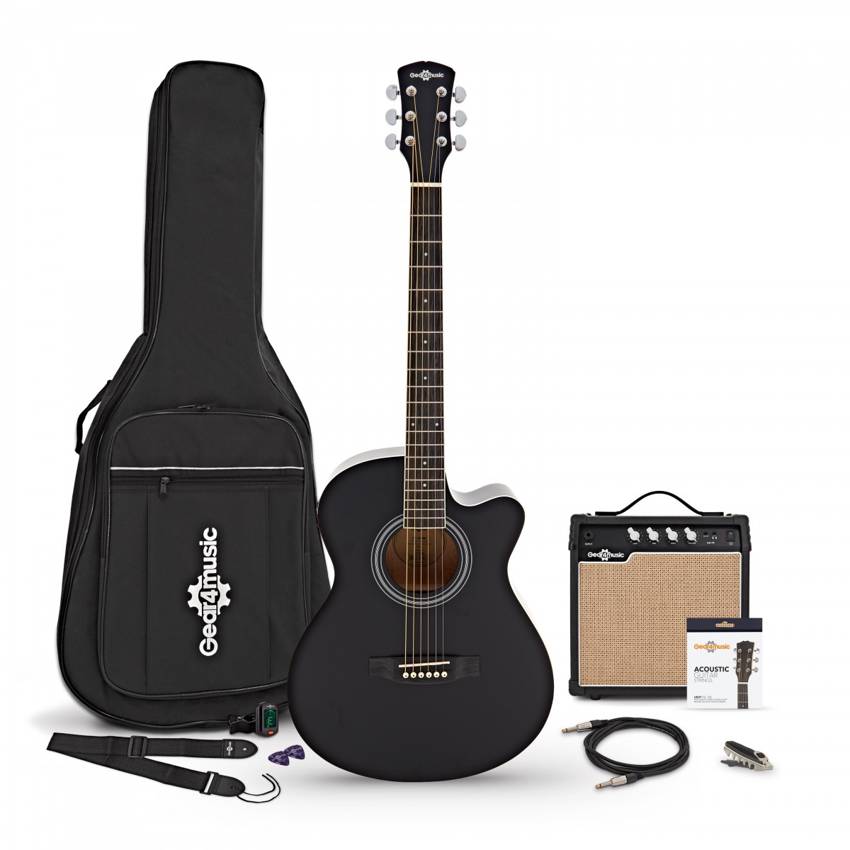 Single Cutaway Electro Acoustic Guitar Black 15W Acoustic Amp & Accessory Pack