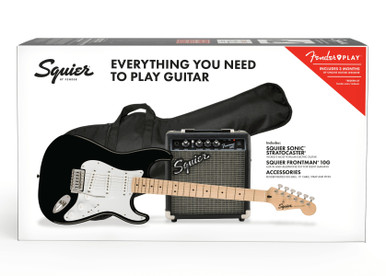 Squier Sonic Stratocaster Black Electric Guitar Starter Pack with Amp & Gig Bag - Image 2