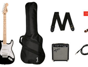Squier Sonic Stratocaster Black Electric Guitar Starter Pack with Amp & Gig Bag