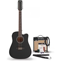Dreadnought 12 String Electro Acoustic Guitar Black 15W Acoustic Amp & Accessory Pack - Image 1