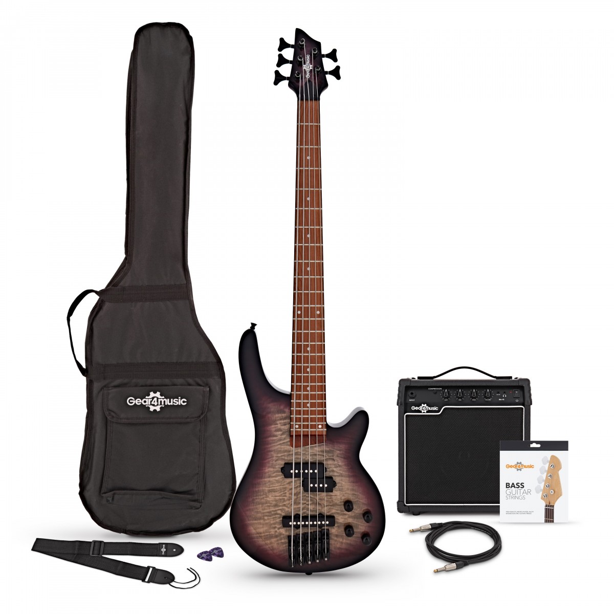 Chicago Select 5-String Bass Guitar + Amp Pack Purple Burst - Image 2
