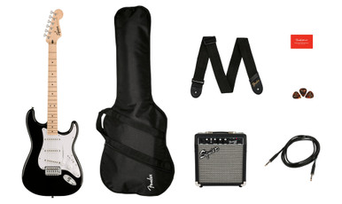 Squier Sonic Stratocaster Black Electric Guitar Starter Pack with Amp & Gig Bag