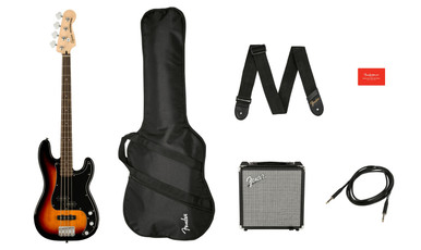 Squier Affinity Precision Bass Guitar PJ Pack in 3-Color Sunburst with Rumble 15W Amp