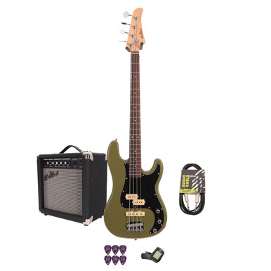 EastCoast PJ4 Bass Guitar Starter Pack in Drab Olive Green with 15w Amp & Accessories
