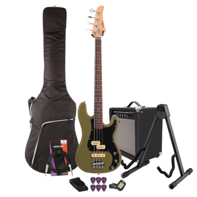 EastCoast PJ4 Bass Guitar Starter Pack in Drab Olive Green with 25w Amp & Accessories