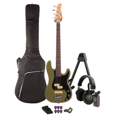 EastCoast PJ4 Bass Guitar Silent Bundle in Drab Olive Green with Headphone Amp & Accessories