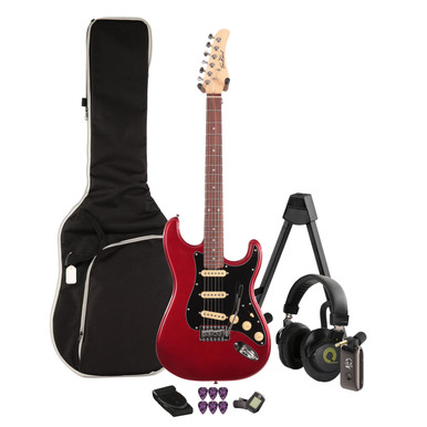 EastCoast ST1 Electric Guitar Silent Bundle in Bordeaux Metallic with Headphone Amp & Accessories