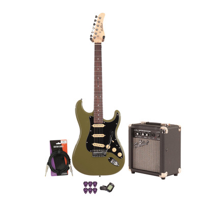 EastCoast ST1 Electric Guitar Starter Pack in Drab Olive Green with 10W Amp & Accessories