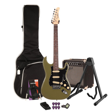 EastCoast ST1 Electric Guitar Starter Pack in Drab Olive Green with 15W Amp & Accessories