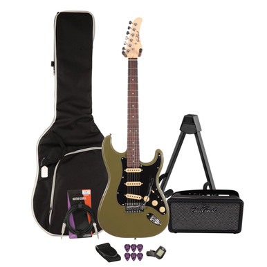 EastCoast ST1 Electric Guitar Starter Pack In Drab Olive Green with Bounce 15W Amp & Accessories