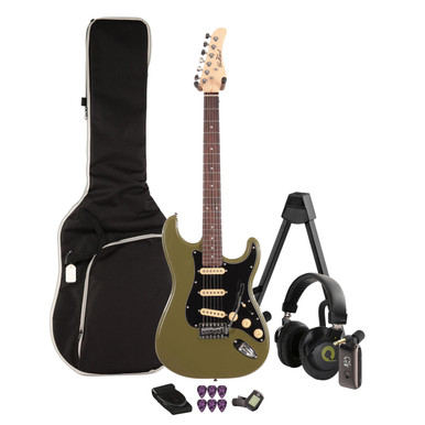 EastCoast ST1 Electric Guitar Silent Bundle in Drab Olive Green with Headphone Amp & Accessories