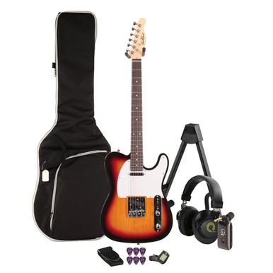 EastCoast T62 Electric Guitar Silent Bundle in 3 Tone Sunburst with Headphone Amp & Accessories