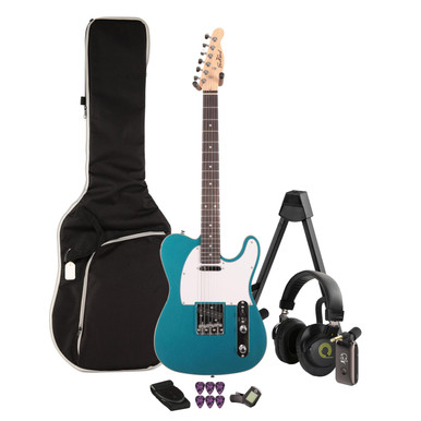 EastCoast T62 Electric Guitar Silent Bundle in Lake Placid Blue with Headphone Amp & Accessories