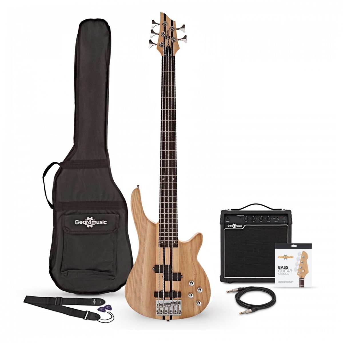 Chicago 5 String Neck Thru Bass Guitar + 15W Amp Pack Natural