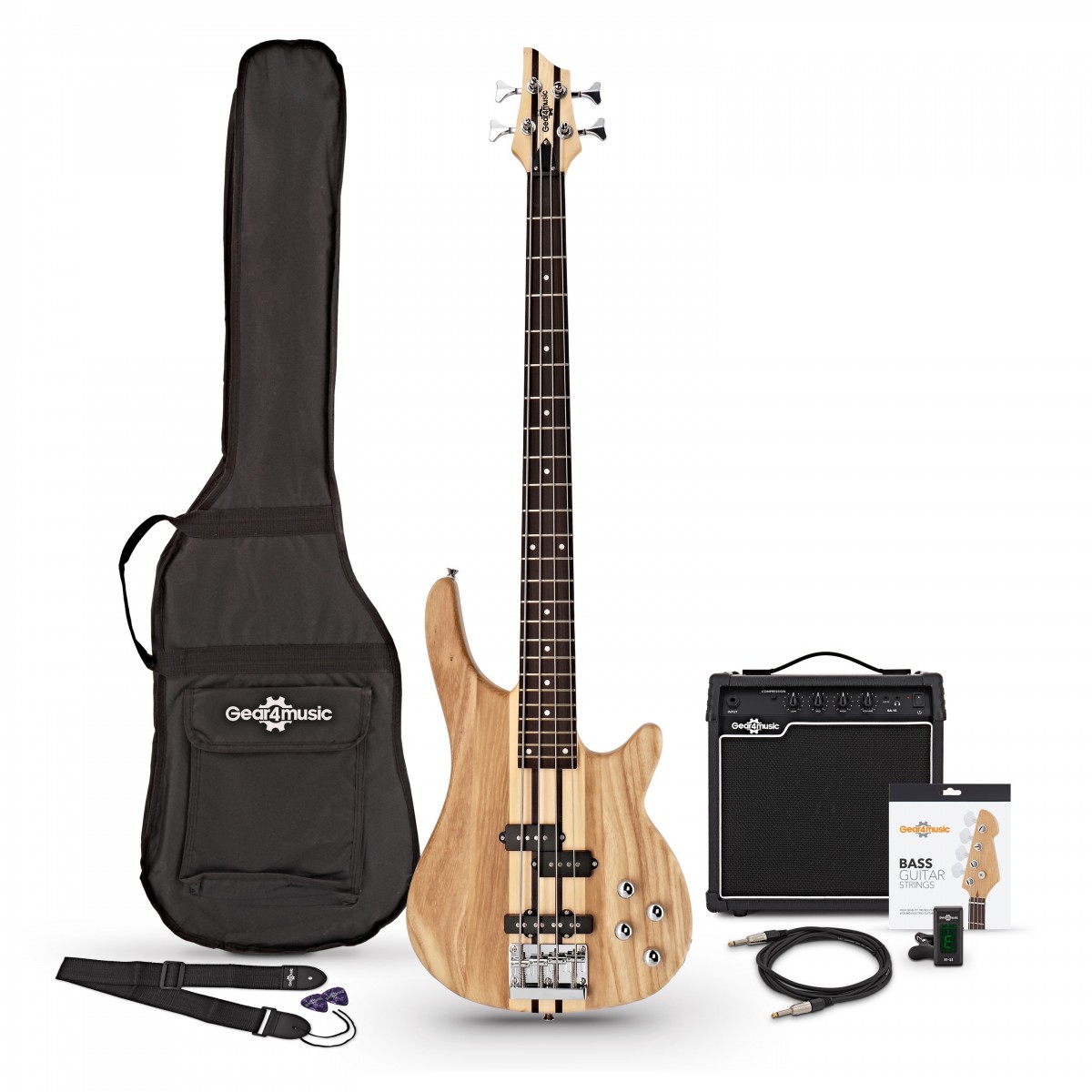 Chicago Neck Thru Bass Guitar + 15W Amp Pack Natural