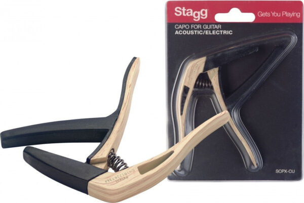 Stagg Curved Trigger Capo for Guitar in Light Wood Imitation - Image 4