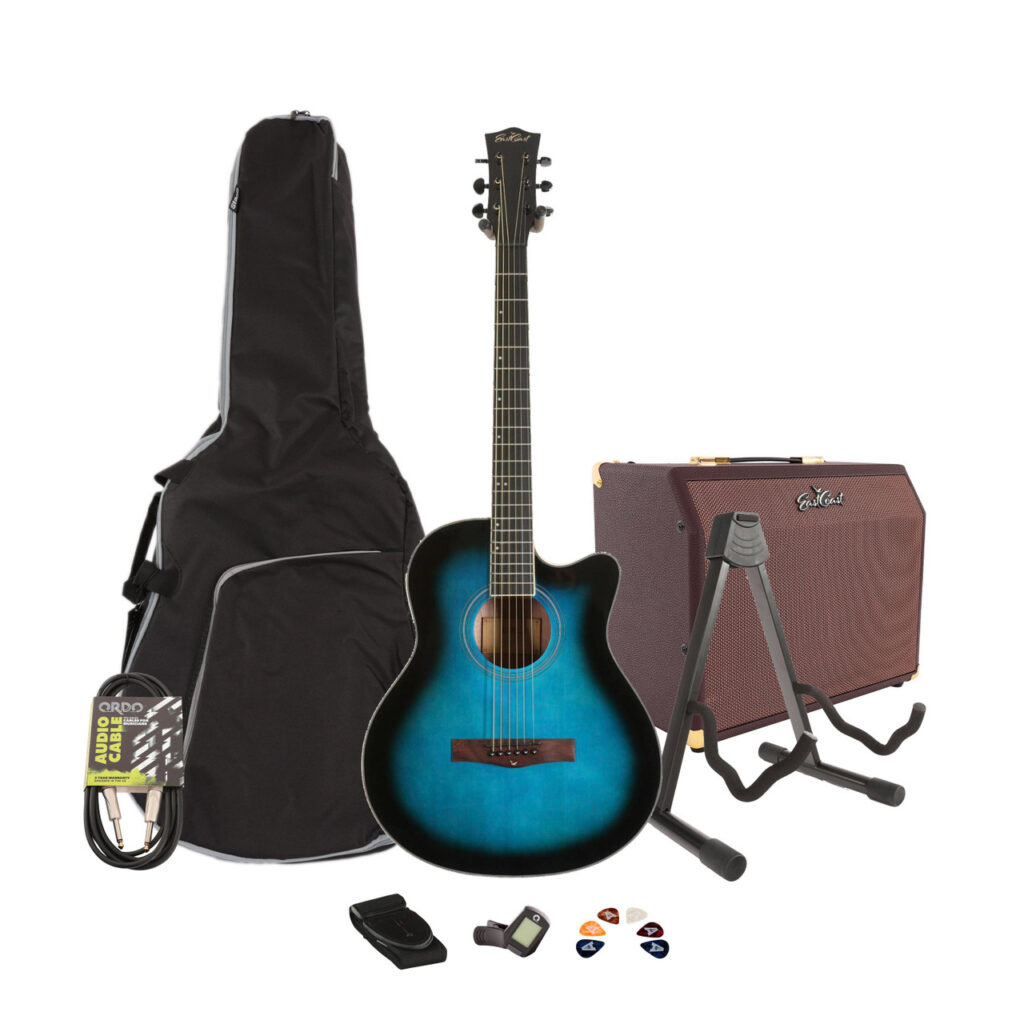 EastCoast G1CE Grand Auditorium Electro-Acoustic Guitar in Blue Burst Starter Pack With Amp