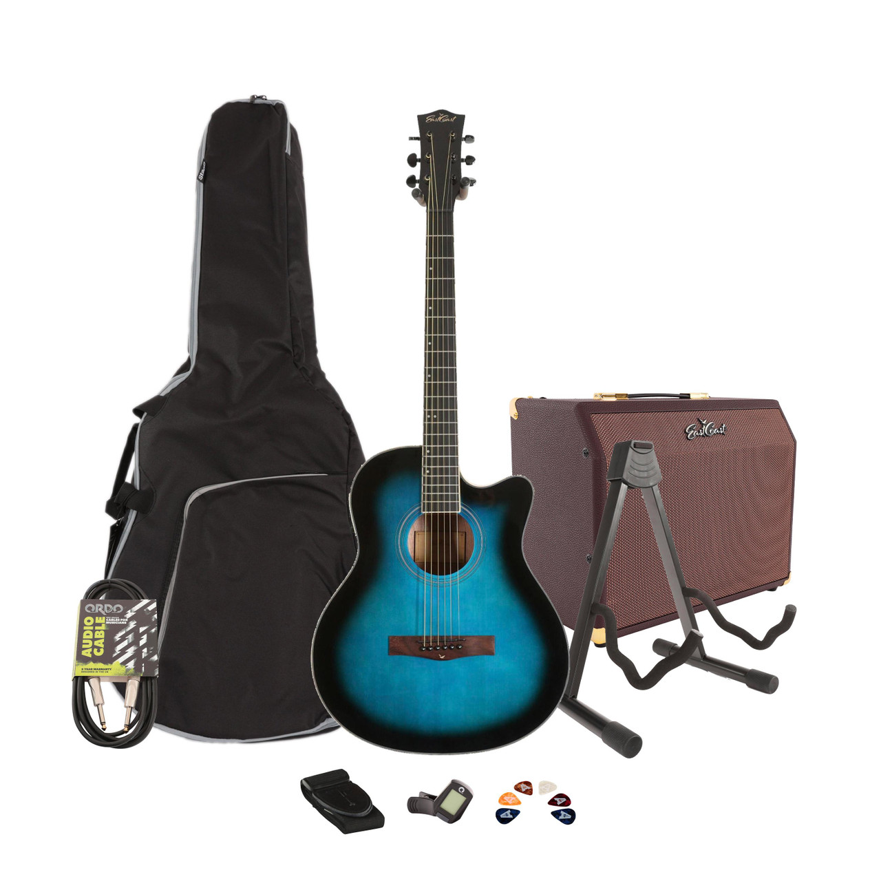 EastCoast G1CE Grand Auditorium Electro-Acoustic Guitar in Blue Burst Starter Pack With Amp - Image 1