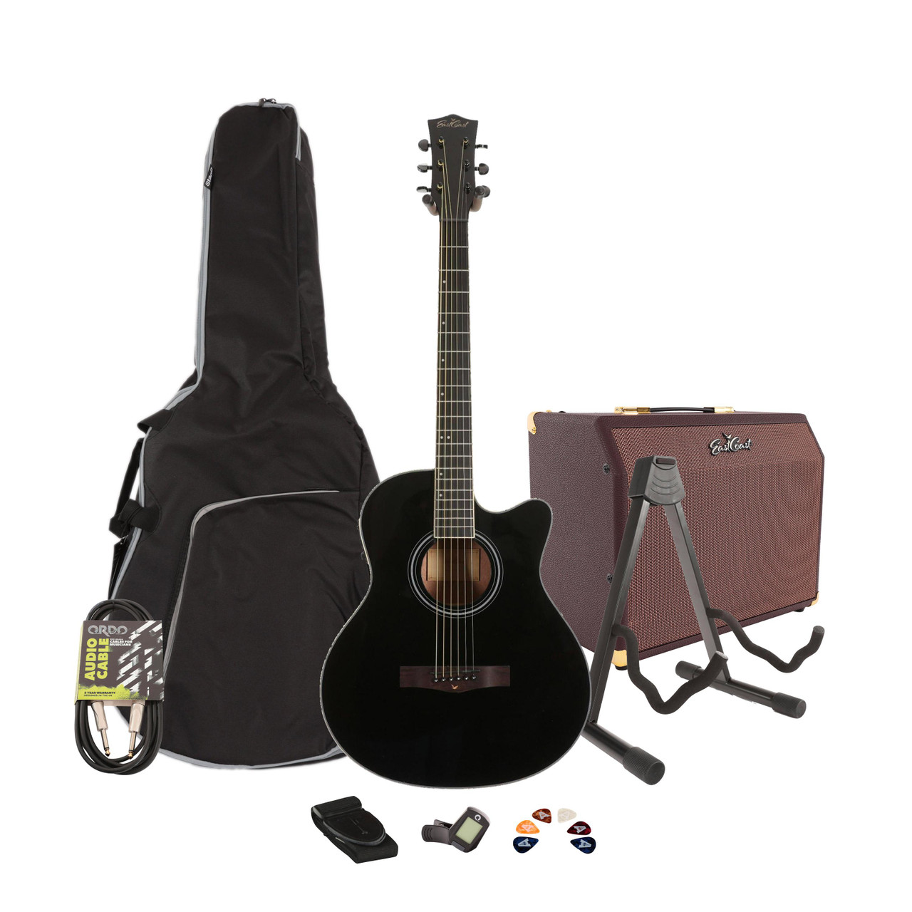 EastCoast G1CE Grand Auditorium Electro-Acoustic Guitar in Gloss Black Starter Pack With Amp - Image 1