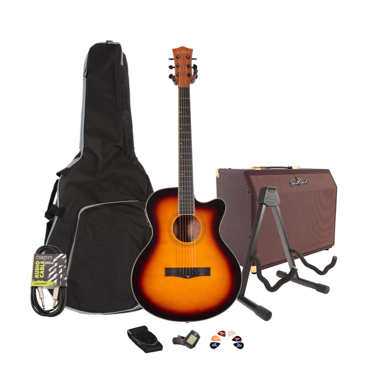 EastCoast G1CE Grand Auditorium Electro-Acoustic Guitar in Dark Sunburst Starter Pack With Amp - Image 1