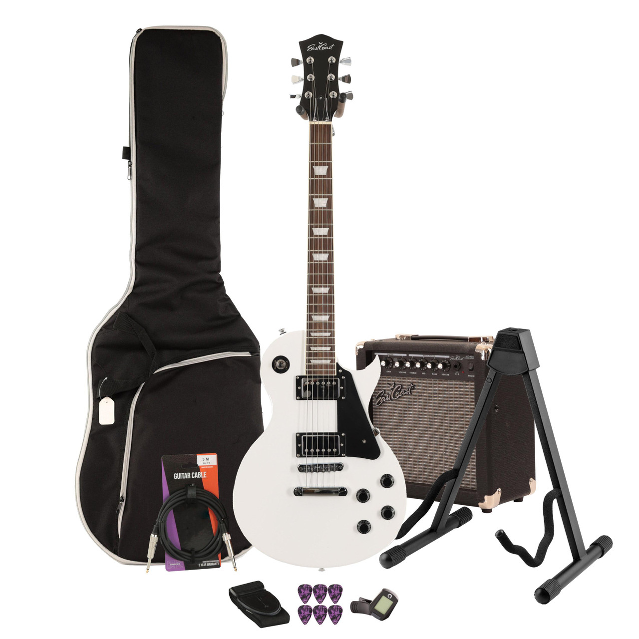 Eastcoast L1S Alpine White Electric Guitar 15W Amp Bundle