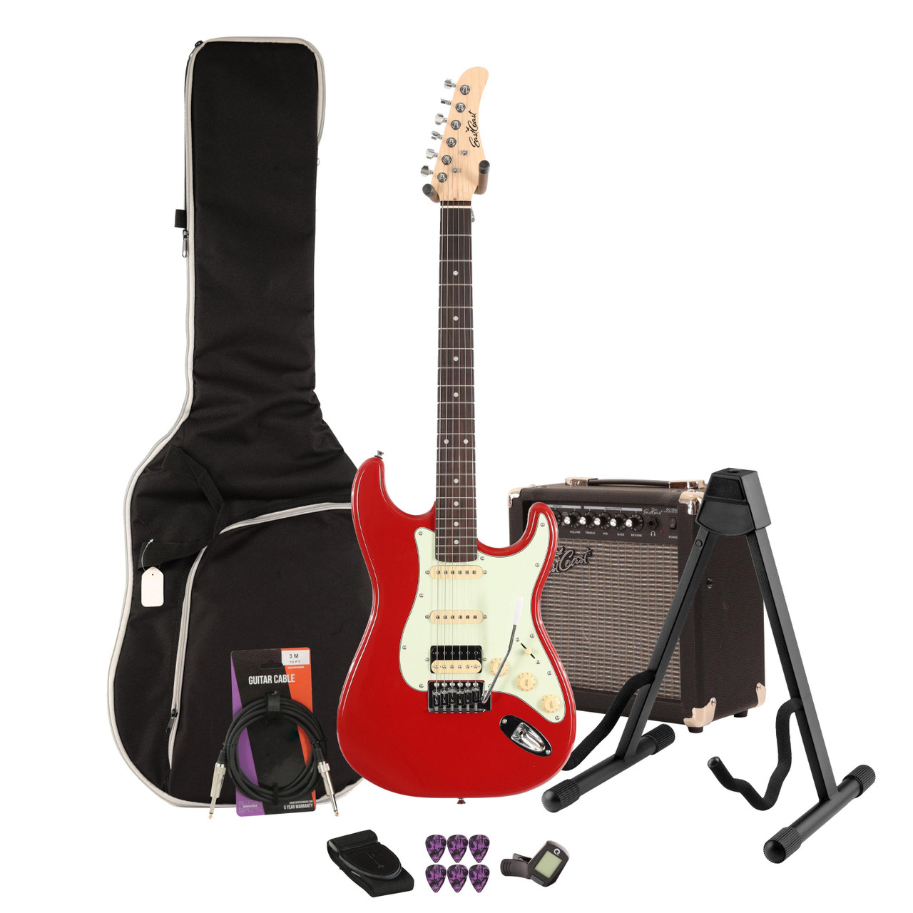 Eastcoast ST2 HSS Hot Rod Red Electric Guitar 15W Amp Bundle