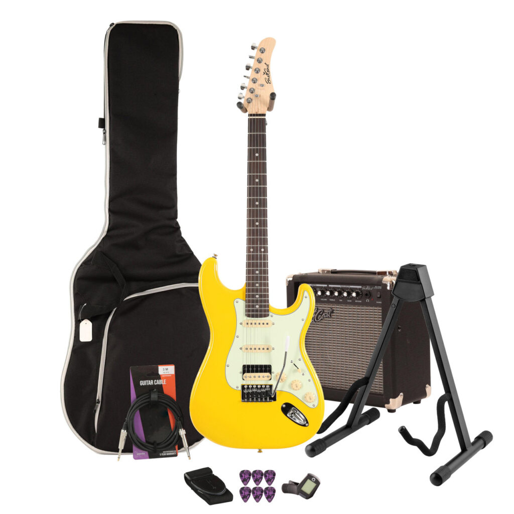 Eastcoast ST2 HSS Taxi Yellow Electric Guitar 15W Amp Bundle