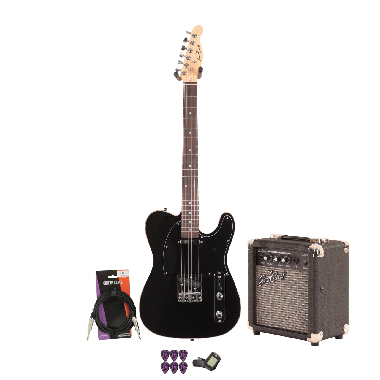 EastCoast T62 Electric Guitar Starter Pack in Black with 10W Amp & Accessories